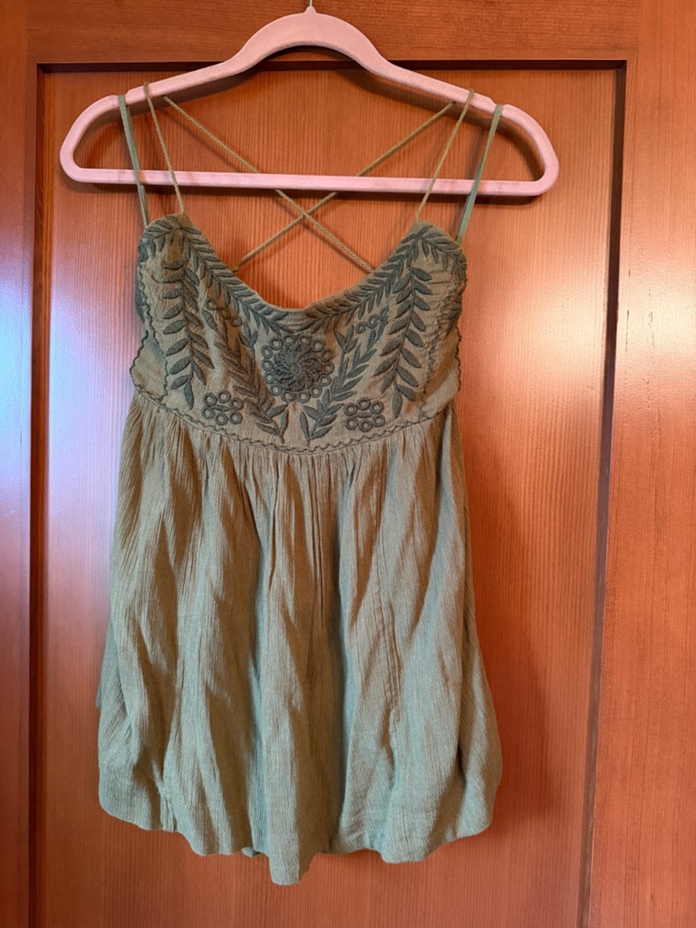 Free People Olive Green Embroidered Spaghetti-Strap Women's Top